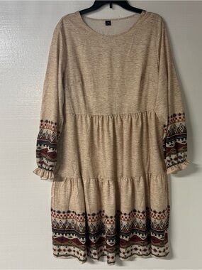 SHEIN Dress Women Size 1X Beige Tiered Boho Aztec Print Long Sleeve Western Midi